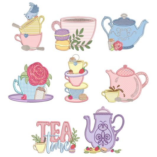 Tea Party Applique Machine Embroidery Designs by JuJu 
