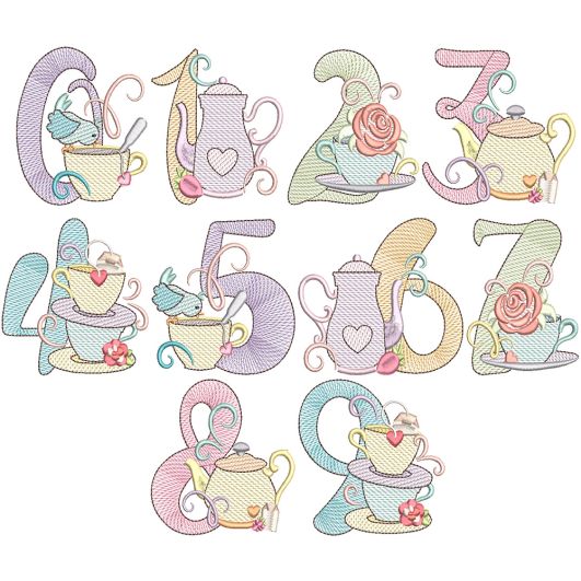 Tea Party Numbers Digital Embroidery Designs by JuJu