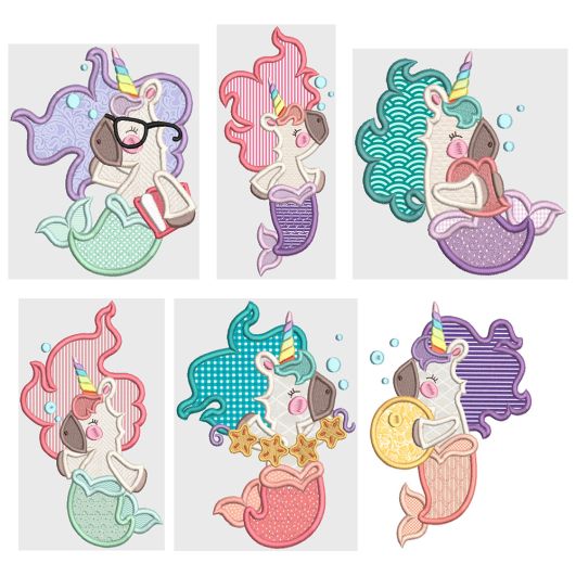 Unicorn Mermaids Applique Machine Embroidery Designs by JuJu