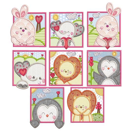 Valentine Animal Squares Applique Machine Embroidery Designs by JuJu