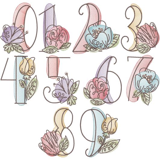 Vintage Sketch Blooming Numbers | Machine Embroidery Designs by JuJu