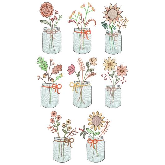 Vintage Sketch Fall Mason Jars Machine Embroidery Designs by JuJu
