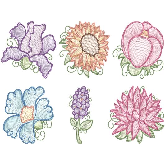 Vintage Sketch Flowers 3 Machine Embroidery Designs by JuJu