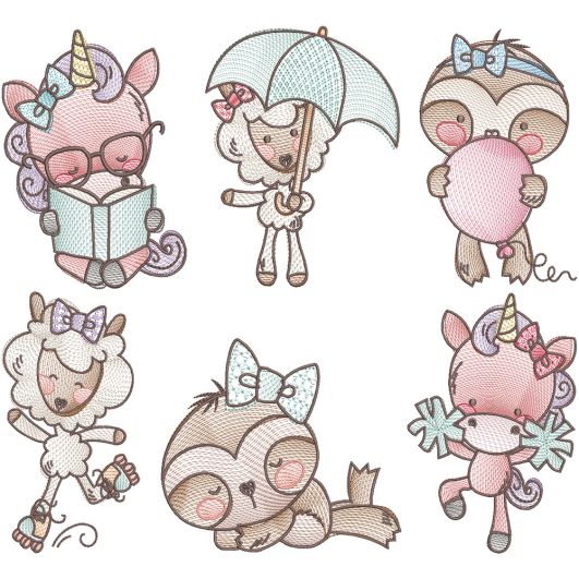 Vintage Sketch Girly Animals Machine Embroidery Designs by JuJu