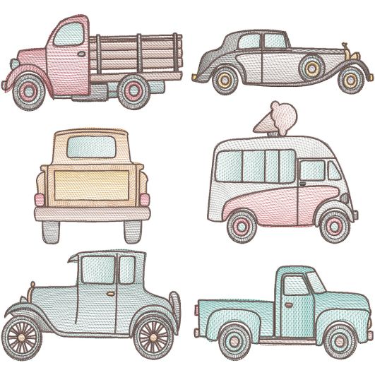 Vintage Sketch Vehicles Machine Embroidery Designs by JuJu