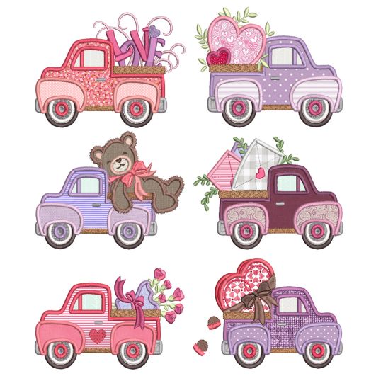 Vintage Valentine Trucks Applique Machine Embroidery Designs by JuJu 