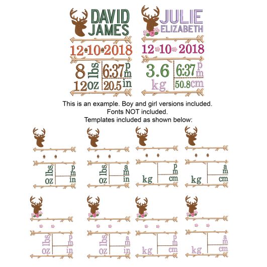 Rustic Woodland Deer Silhouette Birth Announcement Template Machine Embroidery Designs by JuJu