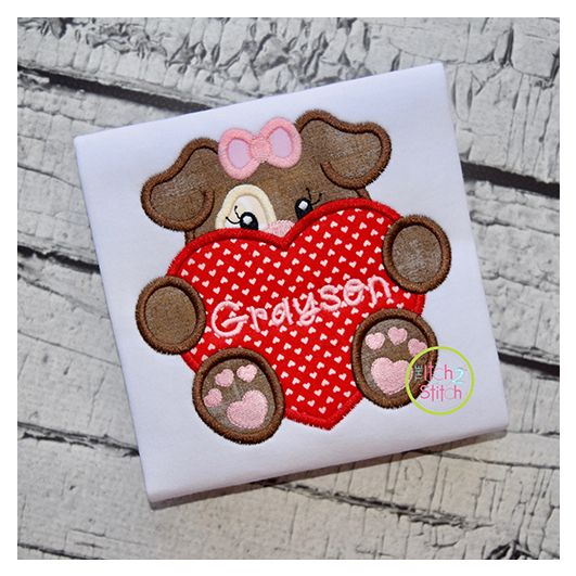 Dog With Heart Girl Applique | Machine Embroidery Designs by JuJu