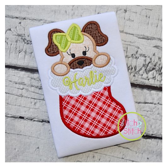 Dog in Stocking Girl Applique | Machine Embroidery Designs by JuJu