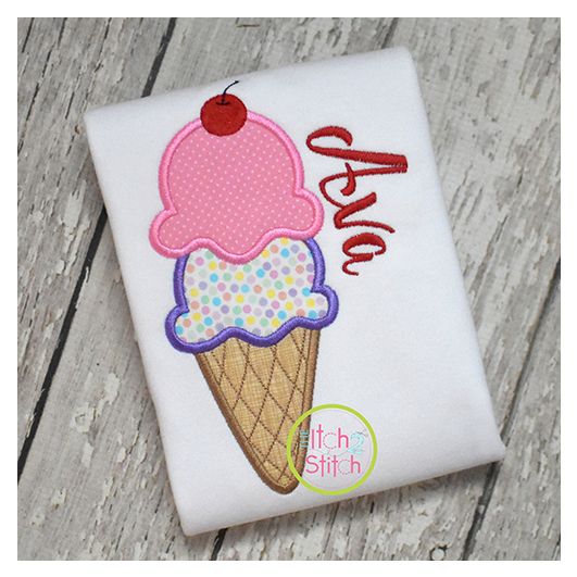 Double Scoop Ice Cream Cone Applique | Machine Embroidery Designs by JuJu