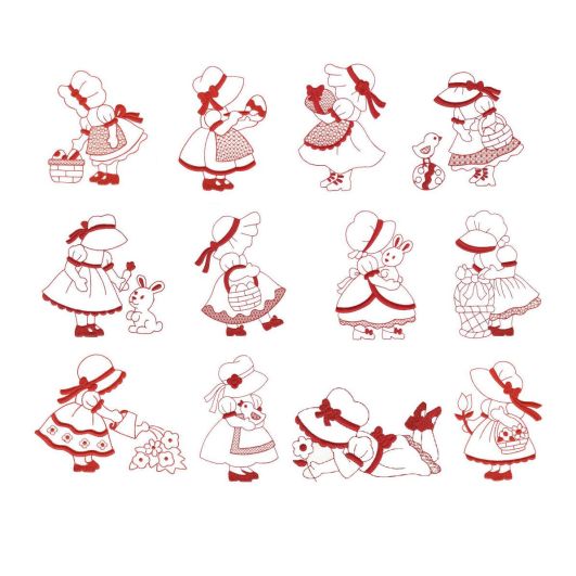 Easter Sunbonnets Redwork 2 Machine Embroidery Designs by JuJu