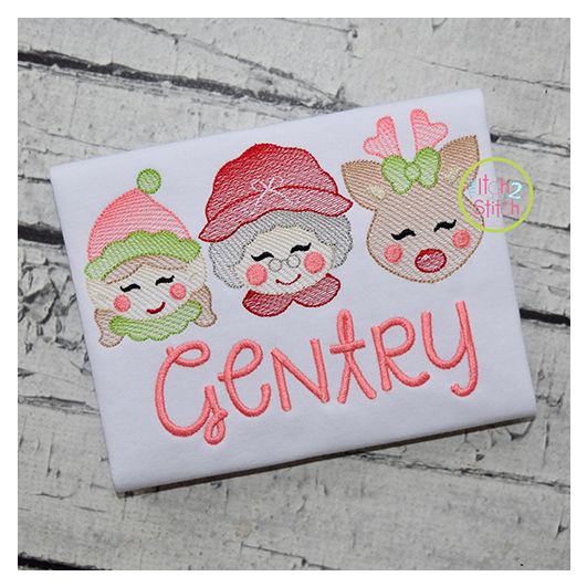 Elf Mrs Claus Deer Trio Girl Sketch Embroidery | Machine Embroidery Designs by JuJu
