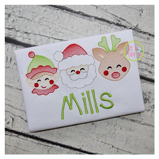 Elf Santa Deer Trio Boy Sketch Embroidery | Machine Embroidery Designs by JuJu