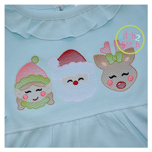 Elf Santa Deer Trio Girl Sketch Embroidery | Machine Embroidery Designs by JuJu