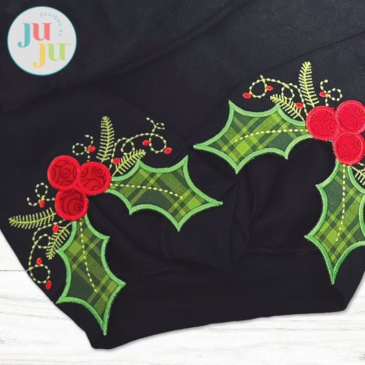 Holly Berries Side Seam Cutaway Applique Embroidery Design | Machine Embroidery Designs by JuJu
