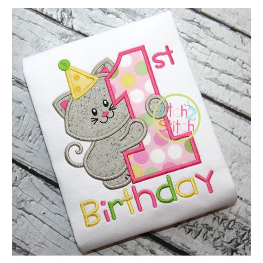 First Birthday Kitty Applique | Machine Embroidery Designs by JuJu
