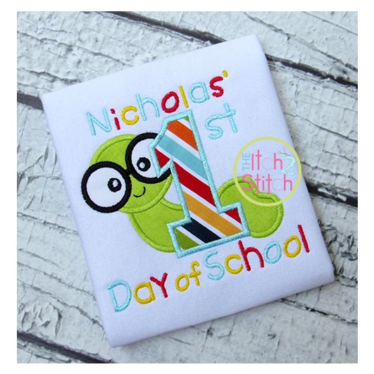 First School Day Worm Applique | Machine Embroidery Designs by JuJu