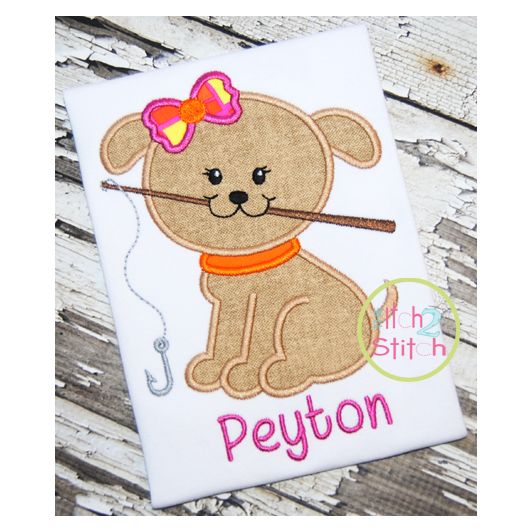 Fishing Puppy Girl Applique | Machine Embroidery Designs by JuJu