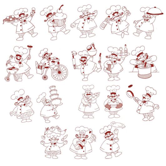 Bon Appetit French Chef  Redwork Machine Embroidery Designs by JuJu