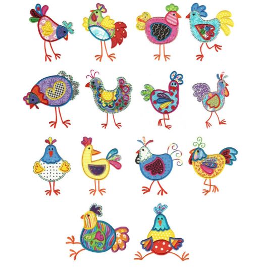 Funky Chickens Applique Machine Embroidery Designs by JuJu 