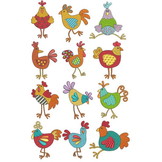 Funky Chickens Filled Stitch Machine Embroidery Designs by JuJu