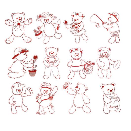 Fuzzy Teddy Bears Redwork Machine Embroidery Designs by JuJu