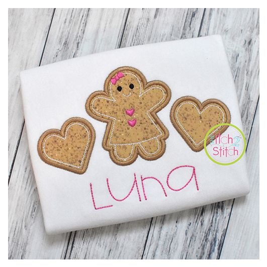 Gingerbread Girl Hearts Trio Applique | Machine Embroidery Designs by JuJu