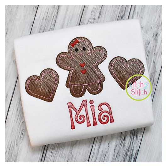 Gingerbread Girl Hearts Trio Sketch | Machine Embroidery Designs by JuJu