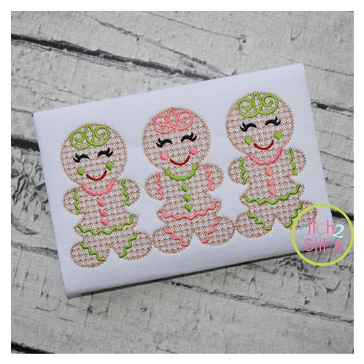 Gingerbread Girl Trio Motif Embroidery | Machine Embroidery Designs by JuJu