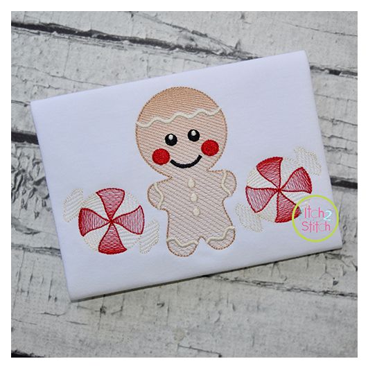 Gingerbread Trio Boy Sketch Embroidery | Machine Embroidery Designs by JuJu