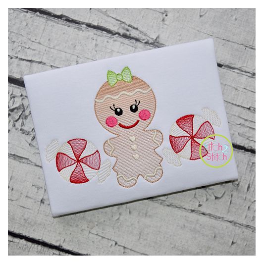 Gingerbread Trio Girl Sketch Embroidery | Machine Embroidery Designs by JuJu