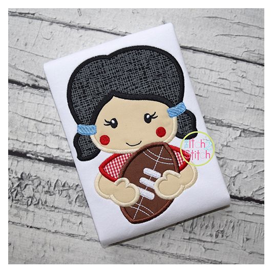 Girl Holding Football Applique | Machine Embroidery Designs by JuJu