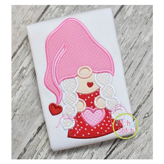 Gnome Holding Heart Girl Applique Design | Machine Embroidery Designs by JuJu