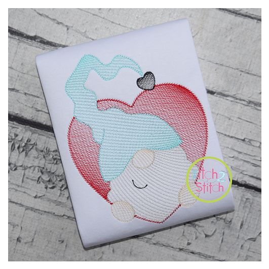 Gnome in Heart Boy Sketch Embroidery Design | Machine Embroidery Designs by JuJu