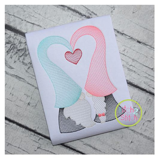 Gnome Love Sketch Embroidery Design | Machine Embroidery Designs by JuJu