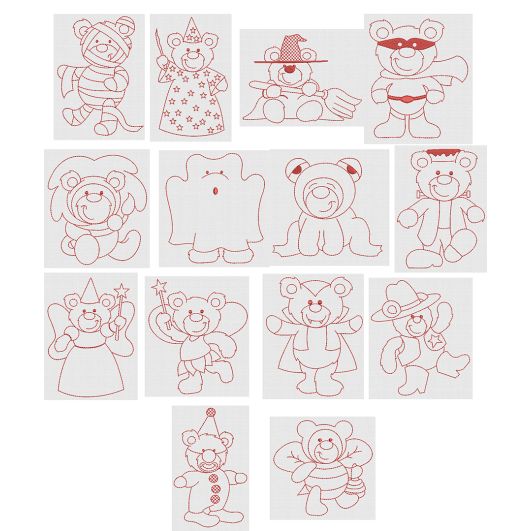 Redwork Halloween Bears Machine Embroidery Designs by JuJu