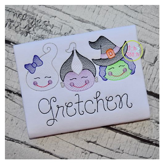 Halloween Trio Girl Sketch | Machine Embroidery Designs by JuJu