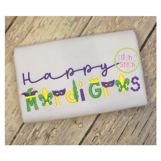 Happy Mardi Gras Word Art Embroidery | Machine Embroidery Designs by JuJu