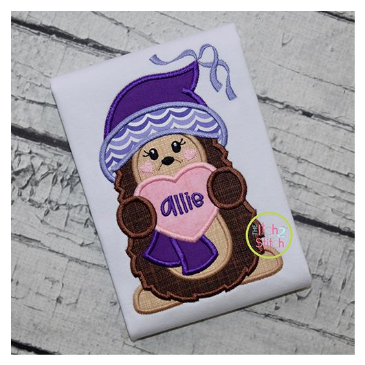 Hedgehog Holding Heart Girl Applique | Machine Embroidery Designs by JuJu