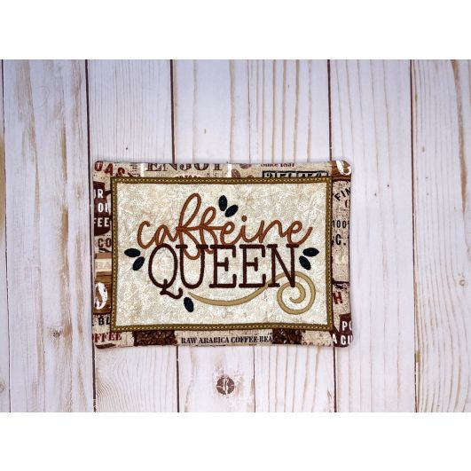 ITH Caffeine Queen Mug Rug | Machine Embroidery Designs by JuJu
