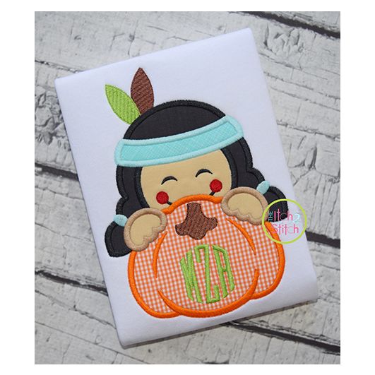 Indian Boy Pumpkin Peeker Applique | Machine Embroidery Designs by JuJu