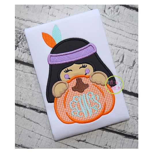 Indian Girl Pumpkin Peeker Applique | Machine Embroidery Designs by JuJu