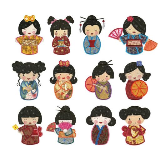 Kokeshi Dolls Applique Machine Embroidery Designs by JuJu 