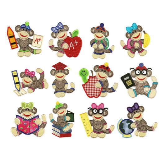Jumbo School Sock Monkeys Applique Machine Embroidery Designs by JuJu 