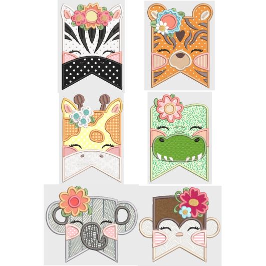 Jungle Animal Flags Girls Applique Machine Embroidery Designs by JuJu 