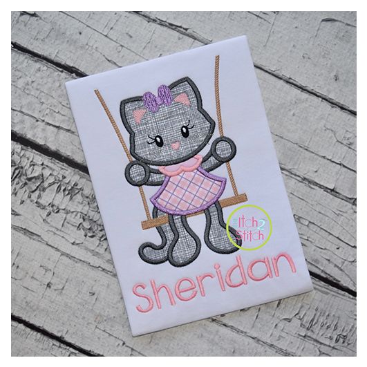 Kitty in the Swing Girl Applique | Machine Embroidery Designs by JuJu