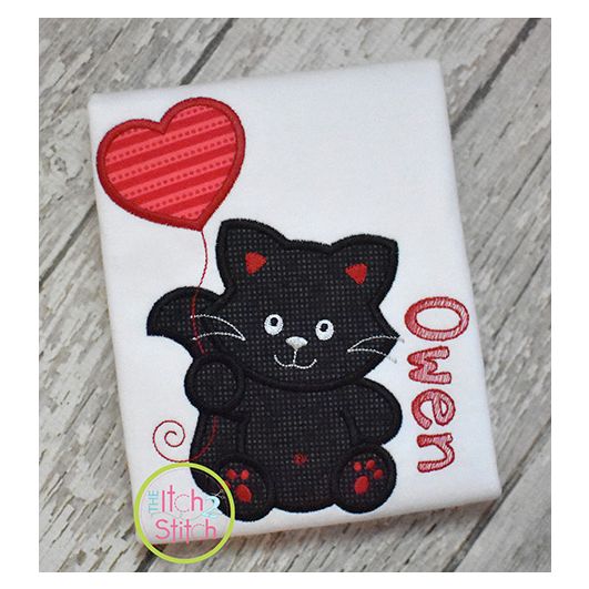 Kitty with Heart Balloon Boy Applique Design | Machine Embroidery Designs by JuJu