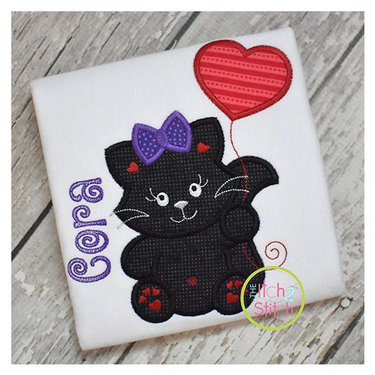 Kitty with Heart Balloon Girl Applique Design | Machine Embroidery Designs by JuJu