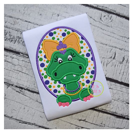 Mardi Gras Alligator Girl Applique | Machine Embroidery Designs by JuJu