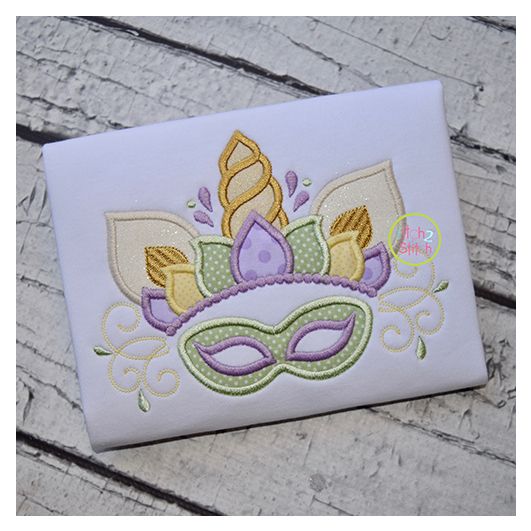 Unicorn Horn with Mardi Gras Mask Applique | Machine Embroidery Designs by JuJu